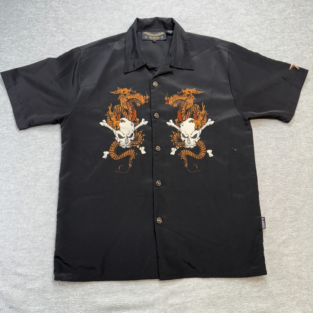 N. SIXX Dragonfly Shirt Mens Medium Black Camp Embroidered Skull Drago Flame Y2K